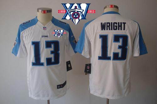  Titans #13 Kendall Wright White With 15th Season Patch Youth Stitched NFL Limited Jersey