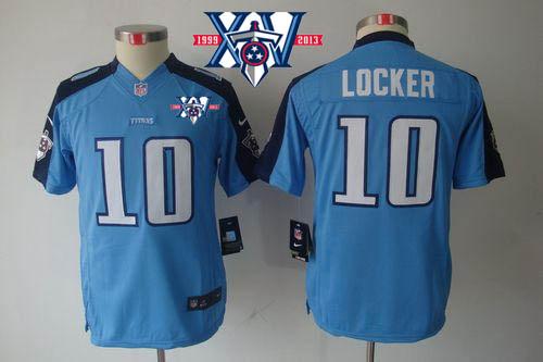  Titans #10 Jake Locker Light Blue Team Color With 15th Season Patch Youth Stitched NFL Limited Jersey