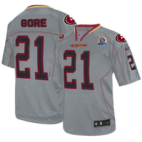  49ers #21 Frank Gore Lights Out Grey With Hall of Fame 50th Patch Men's Stitched NFL Elite Jersey