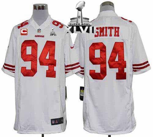  49ers #94 Justin Smith White With C Patch Super Bowl XLVII Men's Stitched NFL Game Jersey