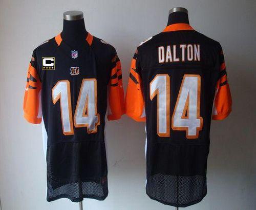  Bengals #14 Andy Dalton Black Team Color With C Patch Men's Stitched NFL Elite Jersey