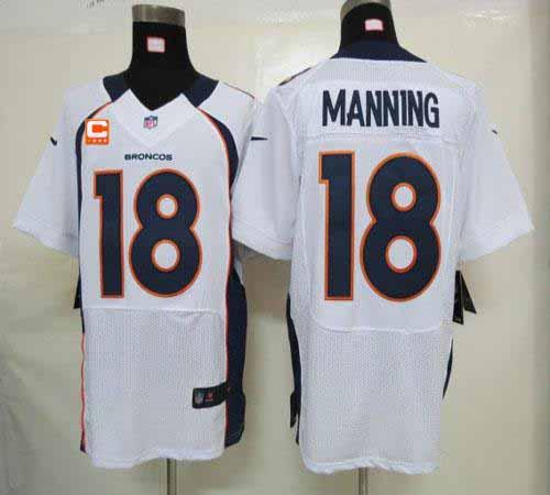  Broncos #18 Peyton Manning White With C Patch Men's Stitched NFL Elite Jersey