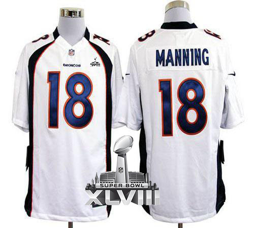  Broncos #18 Peyton Manning White Super Bowl XLVIII Men's Stitched NFL Game Jersey
