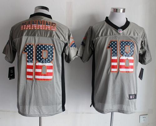  Broncos #18 Peyton Manning Grey Men's Stitched NFL Elite USA Flag Fashion Jersey