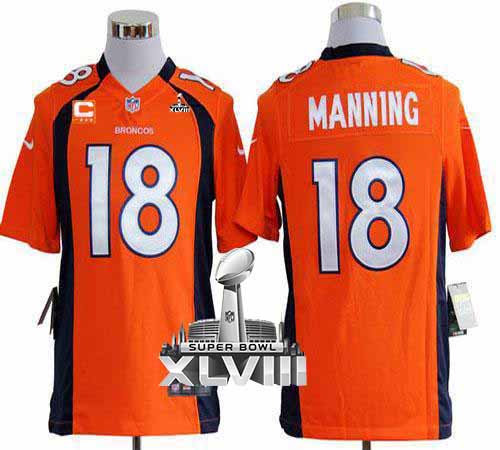  Broncos #18 Peyton Manning Orange Team Color With C Patch Super Bowl XLVIII Men's Stitched NFL Game Jersey