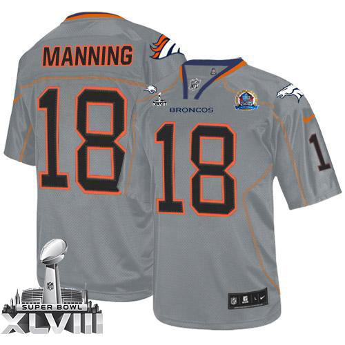  Broncos #18 Peyton Manning Lights Out Grey With Hall of Fame 50th Patch Super Bowl XLVIII Men's Stitched NFL Elite Jersey