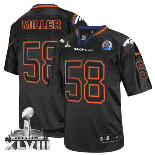  Broncos #58 Von Miller Lights Out Black With Hall of Fame 50th Patch Super Bowl XLVIII Men's Stitched NFL Elite Jersey