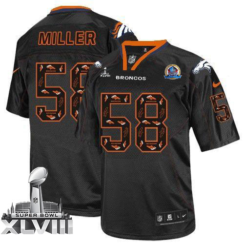  Broncos #58 Von Miller New Lights Out Black With Hall of Fame 50th Patch Super Bowl XLVIII Men's Stitched NFL Elite Jersey