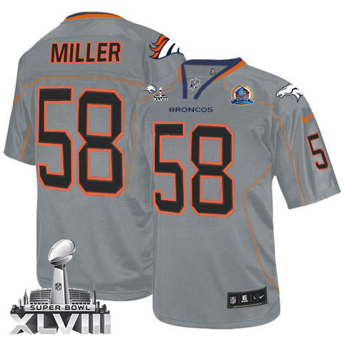 Broncos #58 Von Miller Lights Out Grey With Hall of Fame 50th Patch Super Bowl XLVIII Men's Stitched NFL Elite Jersey