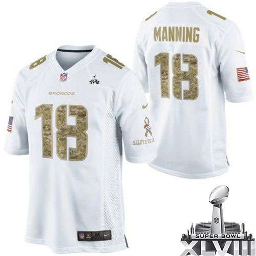  Broncos #18 Peyton Manning White Super Bowl XLVIII Men's Stitched NFL Limited Salute to Service Jersey