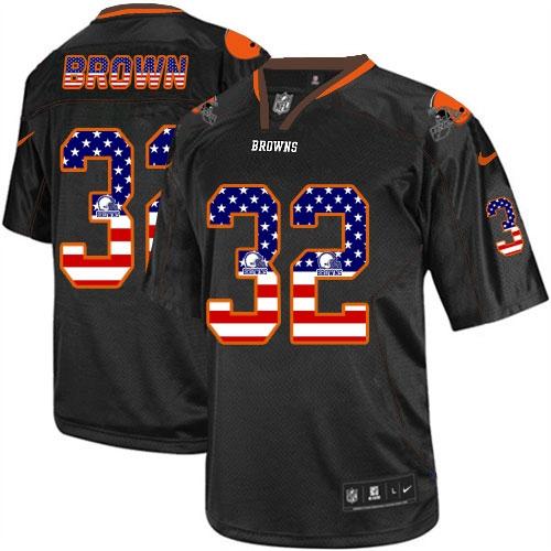  Browns #32 Jim Brown Black Men's Stitched NFL Elite USA Flag Fashion Jersey