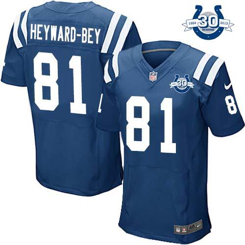  Colts #81 Darrius Heyward Bey Royal Blue Team Color With 30TH Seasons Patch Men's Stitched NFL Elite Jersey