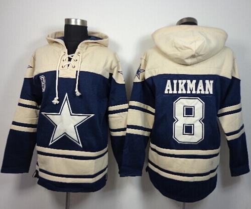 Dallas Cowboys #8 Troy Aikman Navy Blue Sawyer Hooded Sweatshirt NFL Hoodie