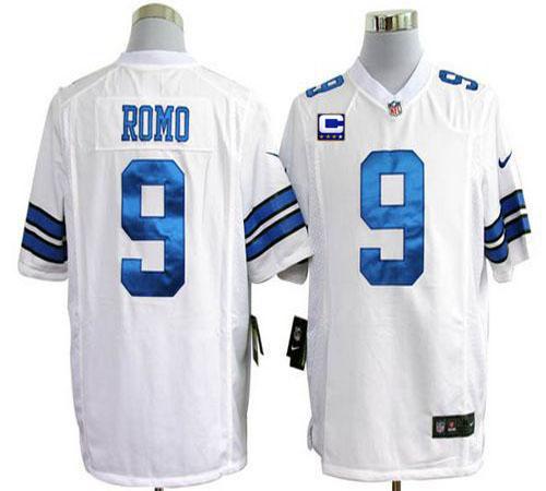  Cowboys #9 Tony Romo White With C Patch Men's Stitched NFL Game Jersey