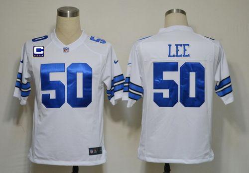  Cowboys #50 Sean Lee White With C Patch Men's Stitched NFL Game Jersey