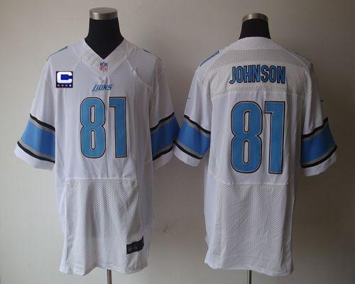  Lions #81 Calvin Johnson White With C Patch Men's Stitched NFL Elite Jersey