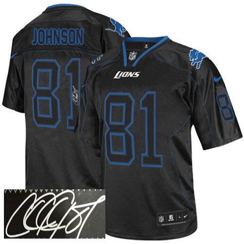  Lions #81 Calvin Johnson Lights Out Black Men's Stitched NFL Elite Autographed Jersey
