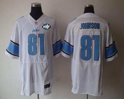  Lions #81 Calvin Johnson White With WCF Patch Men's Stitched NFL Elite Jersey