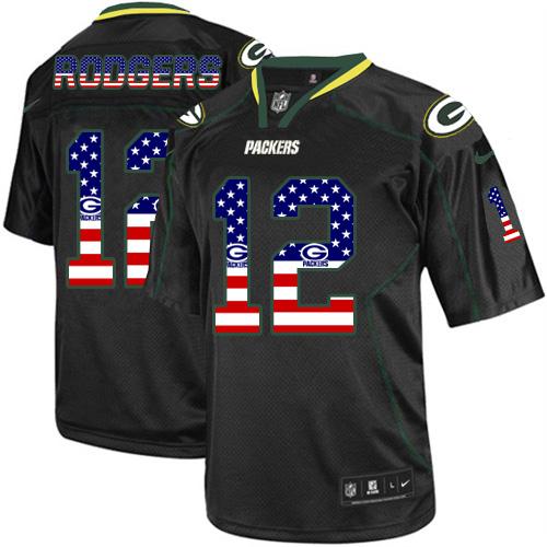  Packers #12 Aaron Rodgers Black Men's Stitched NFL Elite USA Flag Fashion Jersey