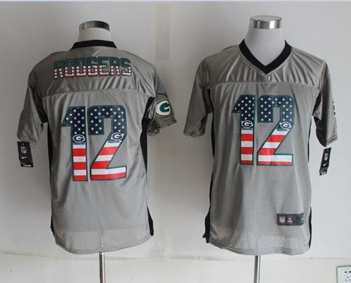  Packers #12 Aaron Rodgers Grey Men's Stitched NFL Elite USA Flag Fashion Jersey