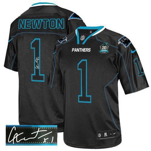  Panthers #1 Cam Newton Lights Out Black With 20TH Season Patch Men's Stitched NFL Elite Autographed Jersey