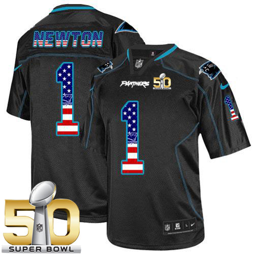  Panthers #1 Cam Newton Black Super Bowl 50 Men's Stitched NFL Elite USA Flag Fashion Jersey