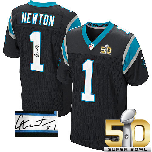  Panthers #1 Cam Newton Black Team Color Super Bowl 50 Men's Stitched NFL Elite Autographed Jersey