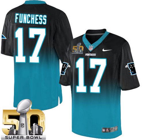  Panthers #17 Devin Funchess Black/Blue Super Bowl 50 Men's Stitched NFL Elite Fadeaway Fashion Jersey