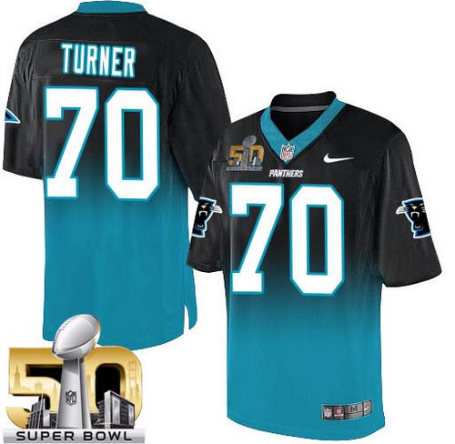  Panthers #70 Trai Turner Black/Blue Super Bowl 50 Men's Stitched NFL Elite Fadeaway Fashion Jersey