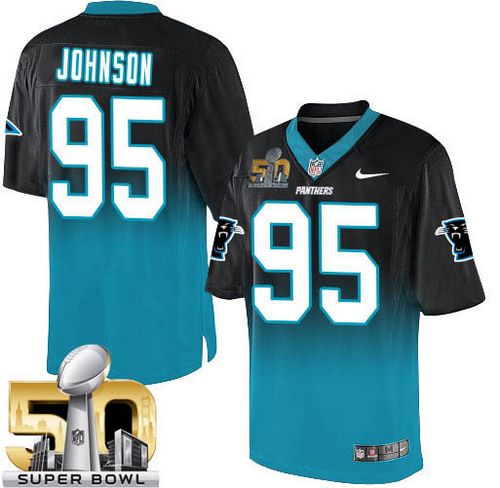  Panthers #95 Charles Johnson Black/Blue Super Bowl 50 Men's Stitched NFL Elite Fadeaway Fashion Jersey