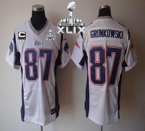 Patriots #87 Rob Gronkowski White With C Patch Super Bowl XLIX Men's Stitched NFL Elite Jersey