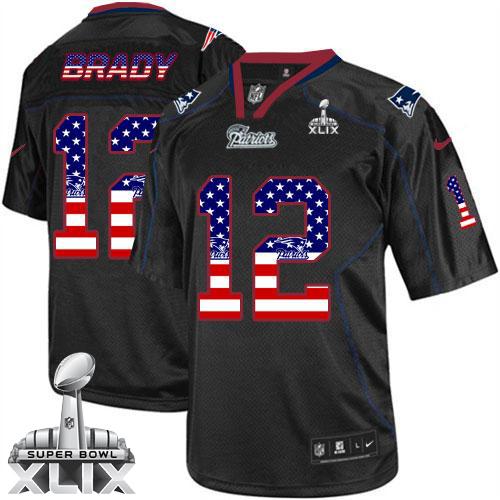  Patriots #12 Tom Brady Black Super Bowl XLIX Men's Stitched NFL Elite USA Flag Fashion Jersey