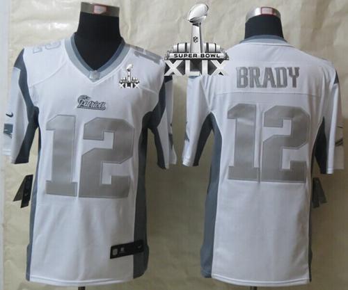  Patriots #12 Tom Brady White Super Bowl XLIX Men's Stitched NFL Limited Platinum Jersey