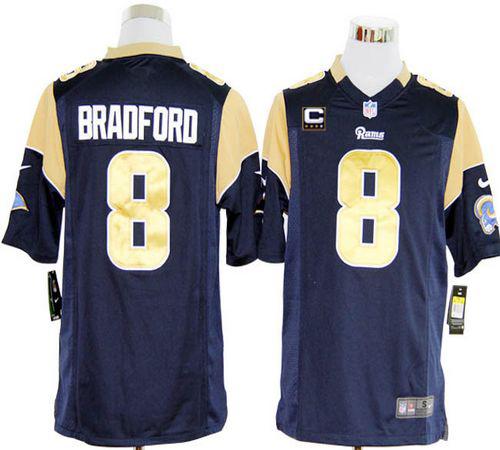  Rams #8 Sam Bradford Navy Blue Team Color With C Patch Men's Stitched NFL Game Jersey