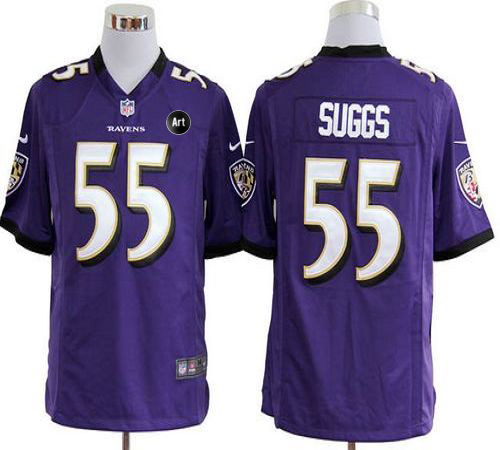  Ravens #55 Terrell Suggs Purple Team Color With Art Patch Men's Stitched NFL Game Jersey
