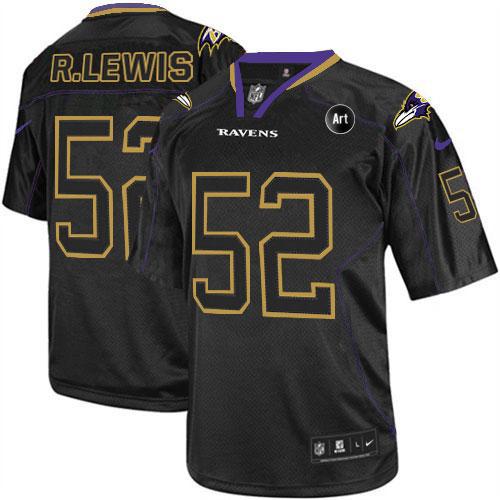  Ravens #52 Ray Lewis Lights Out Black With Art Patch Men's Stitched NFL Elite Jersey