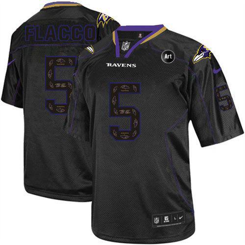  Ravens #5 Joe Flacco New Lights Out Black With Art Patch Men's Stitched NFL Elite Jersey