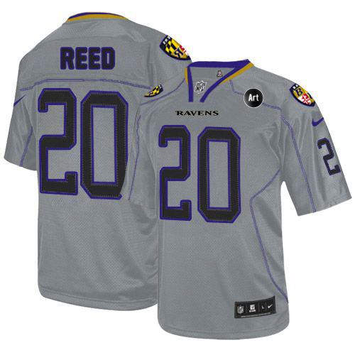  Ravens #20 Ed Reed Lights Out Grey With Art Patch Men's Stitched NFL Elite Jersey