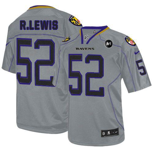  Ravens #52 Ray Lewis Lights Out Grey With Art Patch Men's Stitched NFL Elite Jersey