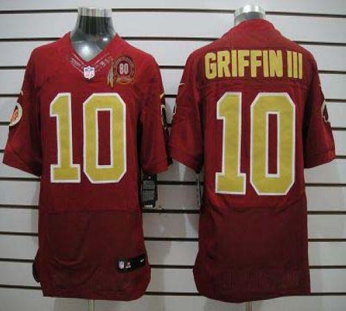  Redskins #10 Robert Griffin III Red(Gold Number) 80TH Patch Men's Stitched NFL Elite Jersey