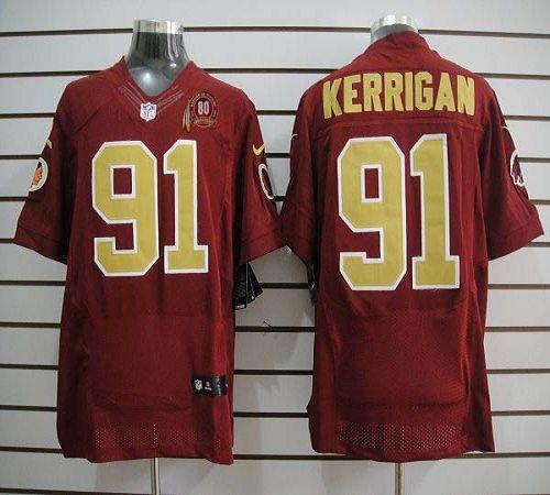  Redskins #91 Ryan Kerrigan Red(Gold Number) 80TH Patch Men's Stitched NFL Elite Jersey