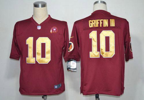  Redskins #10 Robert Griffin III Burgundy Red Gold No. Alternate With 80TH Patch Men's Stitched NFL Game Jersey