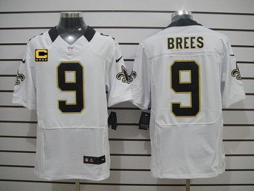  Saints #9 Drew Brees White With C Patch Men's Stitched NFL Elite Jersey