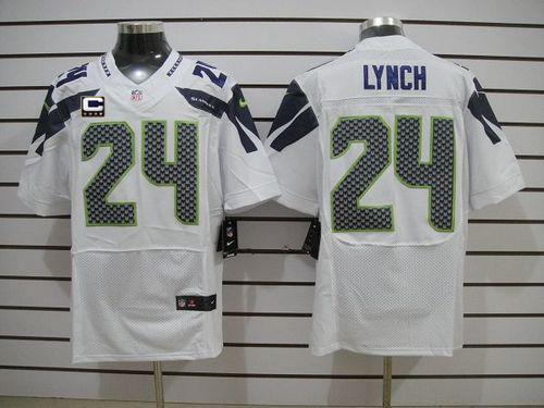 Seahawks #24 Marshawn Lynch White With C Patch Men's Stitched NFL Elite Jersey