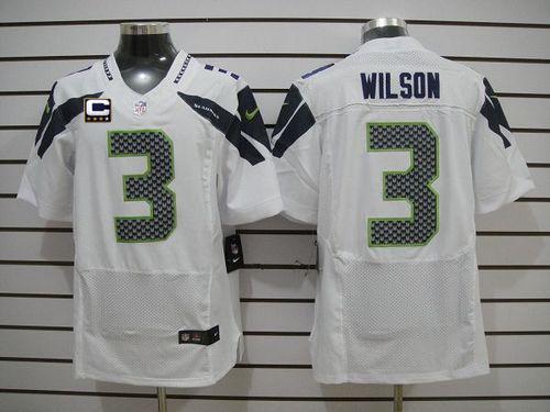  Seahawks #3 Russell Wilson White With C Patch Men's Stitched NFL Elite Jersey