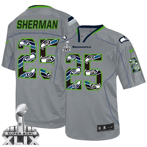  Seahawks #25 Richard Sherman New Lights Out Grey Super Bowl XLIX Men's Stitched NFL Elite Jersey