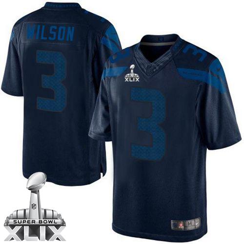  Seahawks #3 Russell Wilson Steel Blue Super Bowl XLIX Men's Stitched NFL Drenched Limited Jersey