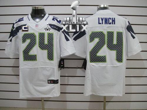  Seahawks #24 Marshawn Lynch White With C Patch Super Bowl XLIX Men's Stitched NFL Elite Jersey