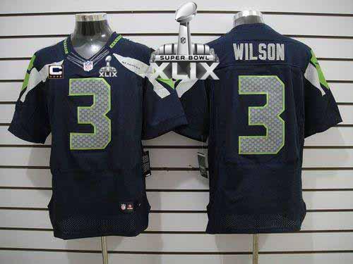  Seahawks #3 Russell Wilson Steel Blue Team Color With C Patch Super Bowl XLIX Men's Stitched NFL Elite Jersey