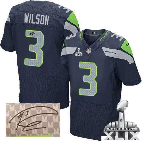  Seahawks #3 Russell Wilson Steel Blue Team Color Super Bowl XLIX Men's Stitched NFL Elite Autographed Jersey